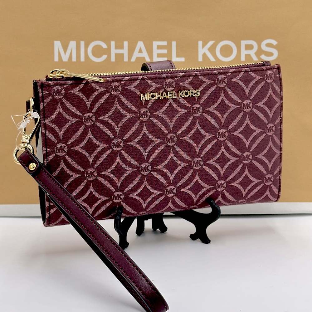 Michael Kors Jet Set Travel Lg Double-Zip Wristlet-Wallet-PhoneHolder Oxblood - Picture 1 of 16